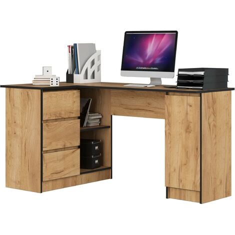 Eck-Schreibtisch AKORD B20 links in der Farbe Eiche Craft mit 3 Schubladen und 4 Ablagen B155 x H77 x T85 cm
