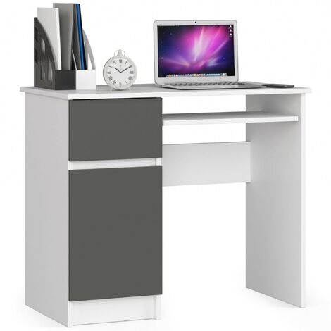 PC-Schreibtisch AKORD PIKSEL links in der Farbe Weiß Schublade Front Graphitgrau und 3 Ablagen B90 x H77 x T50 cm