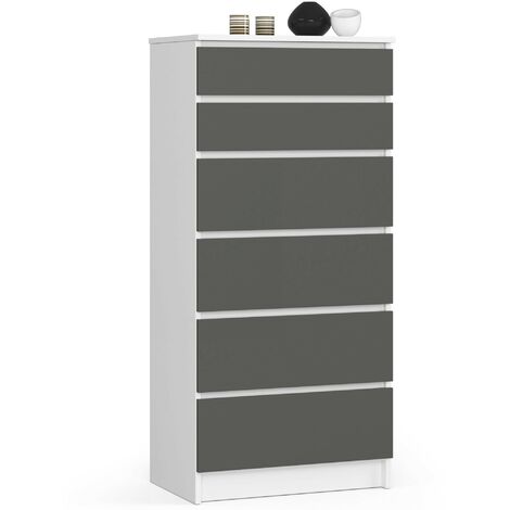 Kommode AKORD K60 Weiß 60 cm 6 Schubladen Front Graphitgrau B60 x H130 x T40 cm
