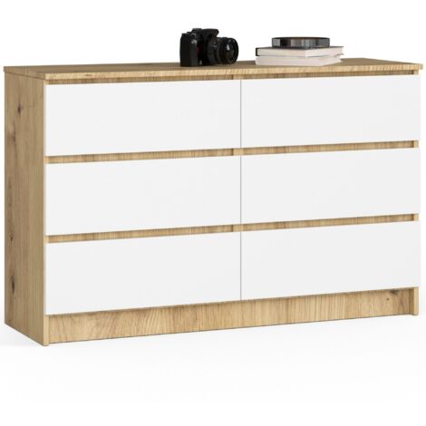 Kommode AKORD K120 Eiche Artisan 120 cm 6 Schubladen Front Weiß B120 x H77 x T40 cm