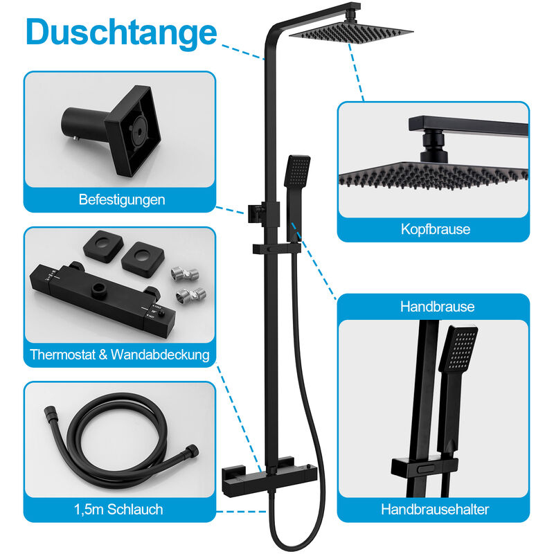 Votamuta Duscharmatur-Set In Mattschwarz – Mit 25,4 Cm Regenduschkopf, Handbrause & Wandarm, Komplettes Kombi-Set