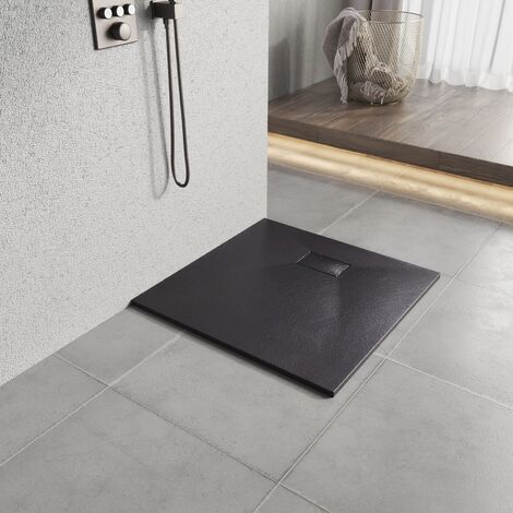 Heilmetz Duschwanne Flach Steinoptik Antirutsch Duschtasse SMC mit Abdeckung Brausetasse(ohne Siphon) 80x80cm Schwarz