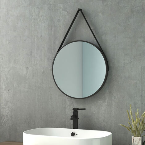 OLM04 Runder Badspiegel mit Schwarzer Ledergürtel und Aluminiumrahmen 3  Lichtfarbe I