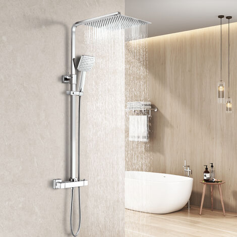 Heilmetz Duschsystem mit Thermostat Regendusche Duschset, 304 Edelstahl Duschsäule mit Kopfbrause und Handbrause, Eckig 30x30cm Regenbrause Verstellbarer Duschstange 800-1180mm Chrom