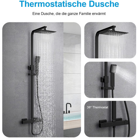 Heilmetz Duschsystem Schwarz mit Thermostat Regendusche Duschset, 304 Edelstahl Duschsäule mit Kopfbrause und Handbrause, Eckig Regenbrause Verstellbarer Duschstange