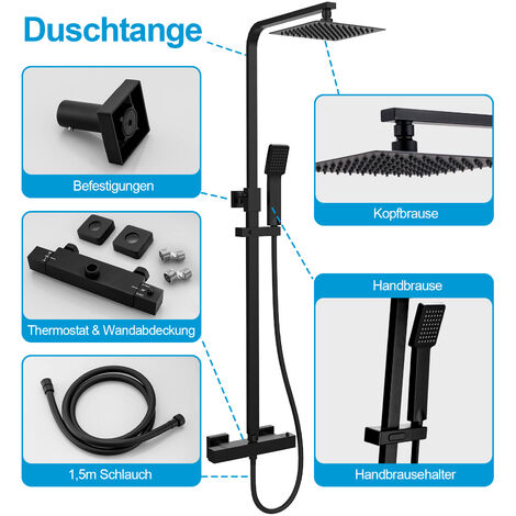 Heilmetz Duschsystem Schwarz mit Thermostat Regendusche Duschset, 304 Edelstahl Duschsäule mit Kopfbrause und Handbrause, Eckig Regenbrause Verstellbarer Duschstange