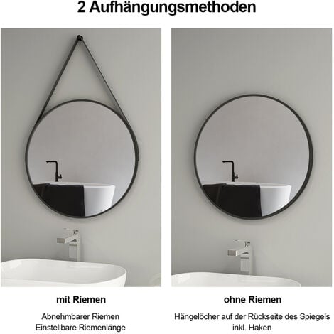 Heilmetz Badspigel Rund Wandspiegel Schwarzes Gürtel Aufhängung  Eisengestell Rund Spiegel 60cm Durchmesser