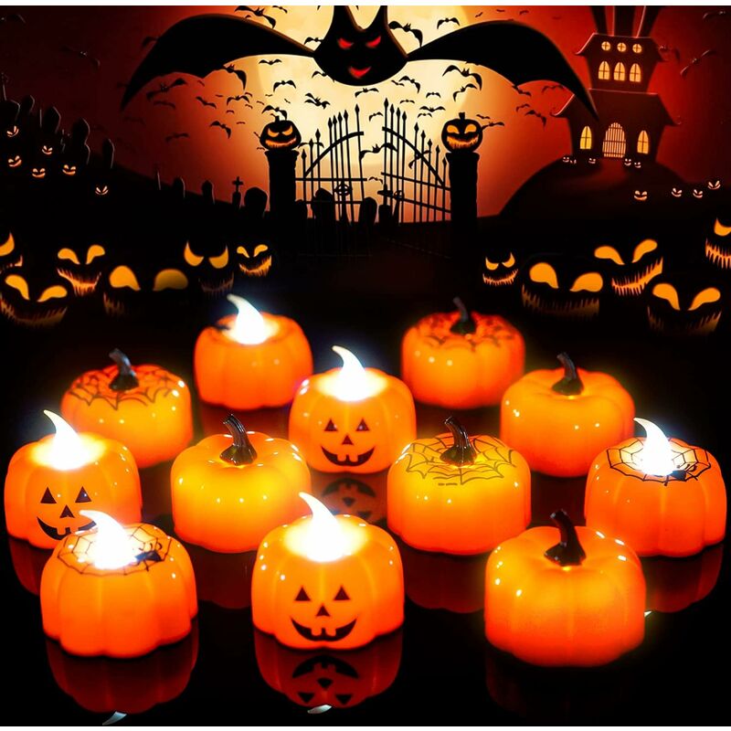 READCLY-12 velas de Halloween, 2 diseños, llama parpadeante de vela LED de Halloween, velas de té LED que funcionan con pilas, calabaza de Halloween iluminada, farol de calabaza, decoración de fiesta de Halloween embrujada