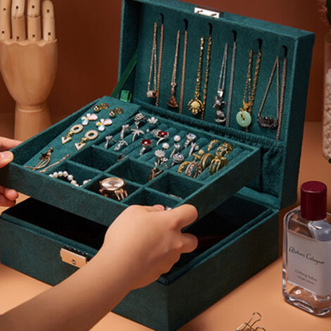 Caja organizadora de joyas de 2 capas para mujer, organizador grande con  cerradura para joyas, para aretes, anillos, collares (rosa nuevo)