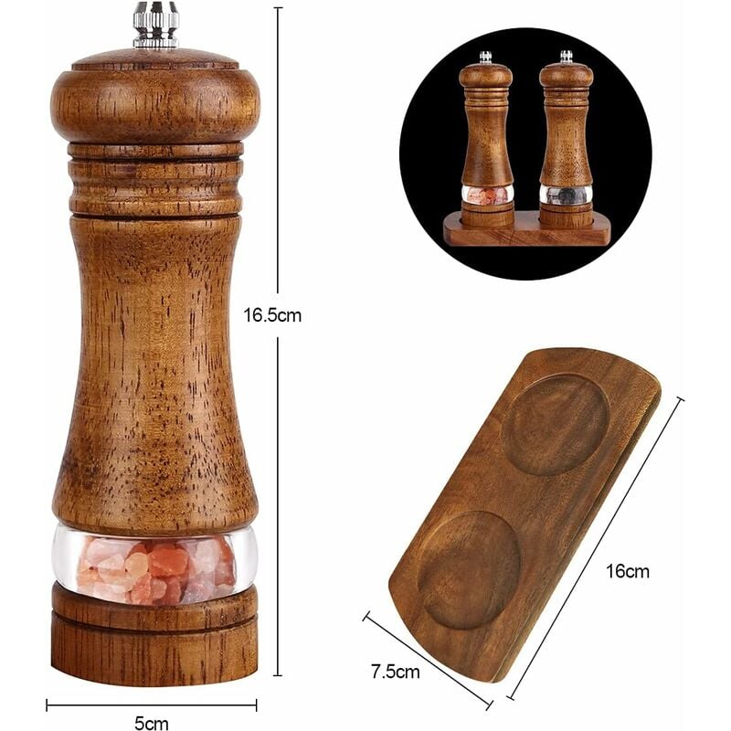 Salt and Pepper Mill, Hand Crank Wood Pepper Grinder Salt Shaker with Classic Handle and Adjustable Ceramic Rotor, Brown