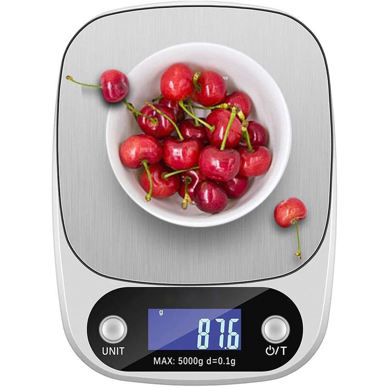 Digital rechargeable kitchen scale 5kg x 0.1g multifunctional red weighing  pan scale with LCD backlight display and large tray for cooking and baking  