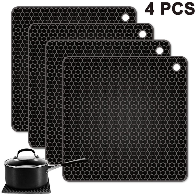 6 pcs silicone table mat set black, home kitchen pot and bowl mats,  insulated silicone gloves, anti-scald table mat placemats, square round pot  mats,Kitchen Accessories, Kitchen Supplies