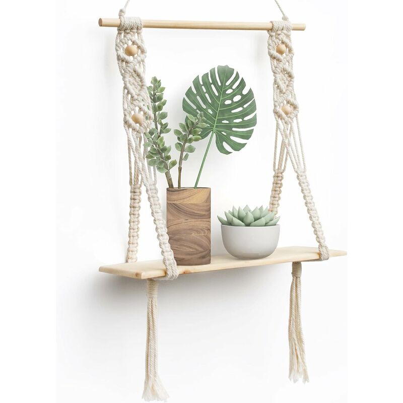 3 Tier Shelf Boho Decor, Wood Wall Shelf with Woven Rope, Rustic