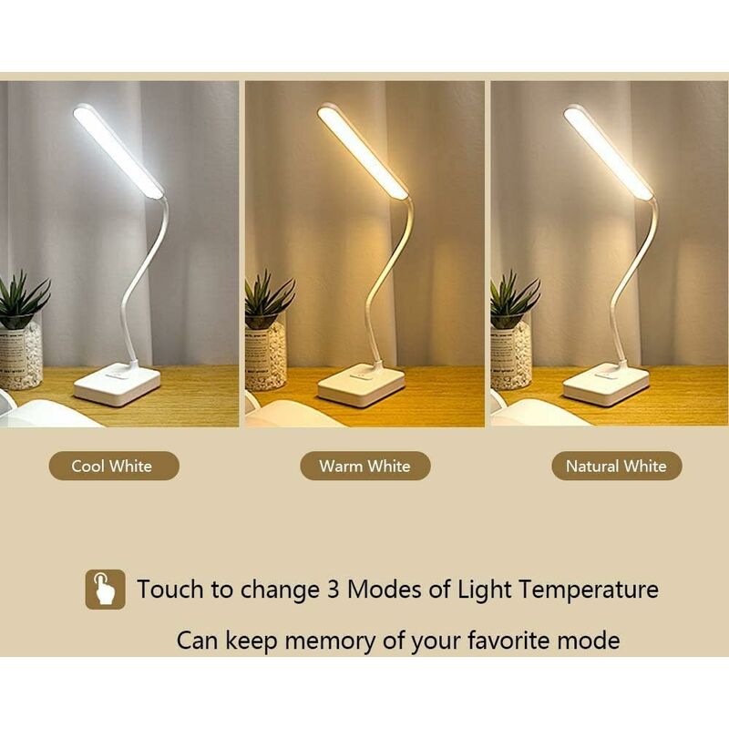 Cordless USB Rechargeable 2 Batteries Powered 3200mAh Desk Table Reading Lamp 40 LED Touch 3 Colors Dimmable 6 Brightness Memory Function Portable
