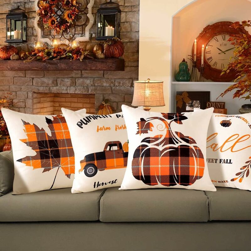 1pc Pumpkin & Maple Leaves & Plaid Pattern Living Room Rug Set