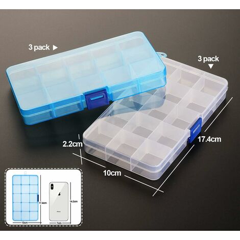 6 Pack Plastic Storage Box, 15 Grids Adjustable Compartment Dividers  Organizer Box Storage Containers for Necklace