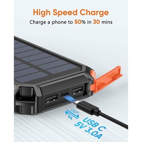 Hiluckey Solar Charger 25000mAh, Outdoor USB C Portable Power Bank with 4  Solar Panels, 3A Fast Charge External Battery Pack with 3 USB Outputs