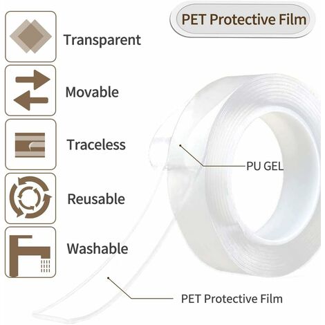 Double Sided Tape Heavy Duty(16.5FT/5M)Multipurpose Wall Tape Adhesive  Strips Removable Mounting Tape,Reusable Strong Sticky Transparent Tape Gel