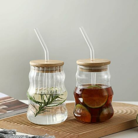 Mason Jar Mugs with Lids, Straws & Wood Caddy, Brown, Set of 6