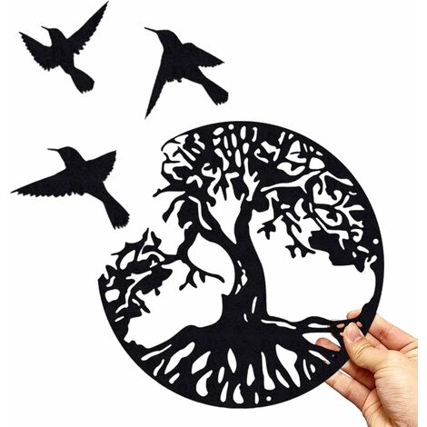 Tree of Life Wall Decor Metal Wall Art Family Tree Metal Wall Decor with 3 Birds Metal Wall Hanging 11.8'' Round Metal Sculpture, Size: 30, Black