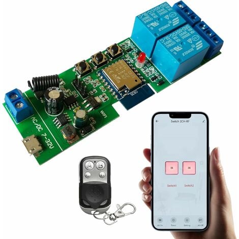 WiFi Wireless Relay Module 2 Channel Remote Switch Momentary/Self-Latching  Relay for Tuya/Smart Life APP with 433MHz RF Remote Control Compatible with  Alexa and Google Home