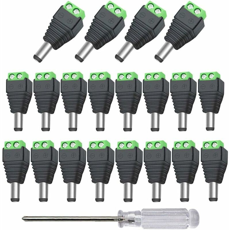 50 Stück 12 V/24 V DC-Stecker, 5,5 x 2,1 mm DC-Netzteil-Adapter,  Schraubklemmen-Anschluss, für CCTV-Kamera-LED-Streifen (grün)