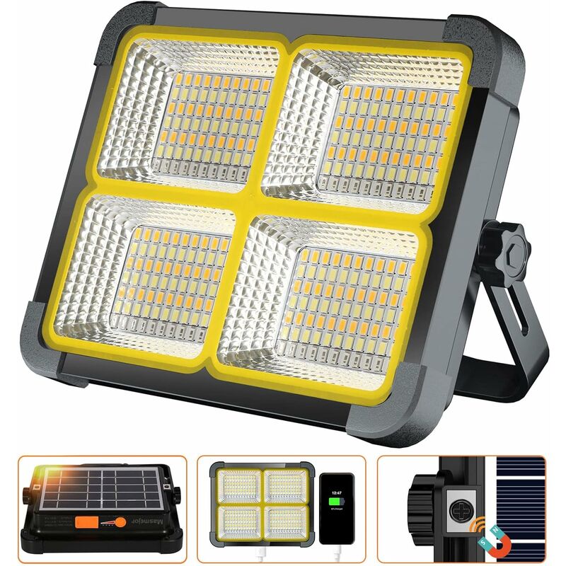 Wiederaufladbarer LED-Strahler 336 LEDs/ 100 W/ Solarpanel/ 4  Beleuchtungsmodi/ 12000 mAh externer Akku/ Magnetabsorption, ideal für  Camping, Arbeiten, Angeln, schwarze Farbe
