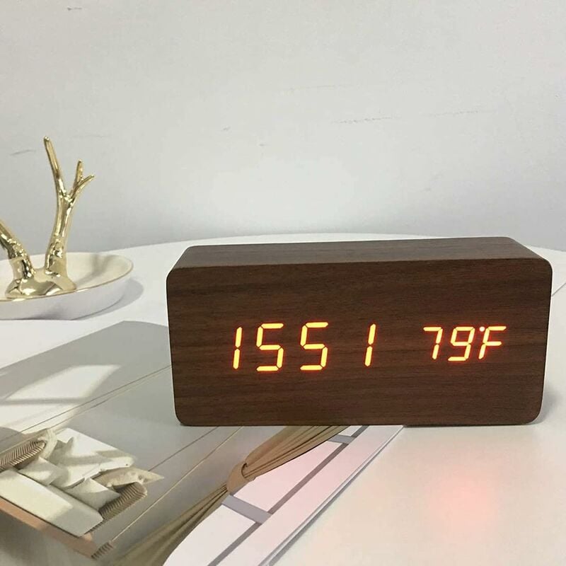 Digitaler Wecker, mit elektronischer LED-Zeitanzeige aus Holz, 3  Alarmeinstellungen, Luftfeuchtigkeits- und Temperaturmessung, elektrische  Holzuhren für