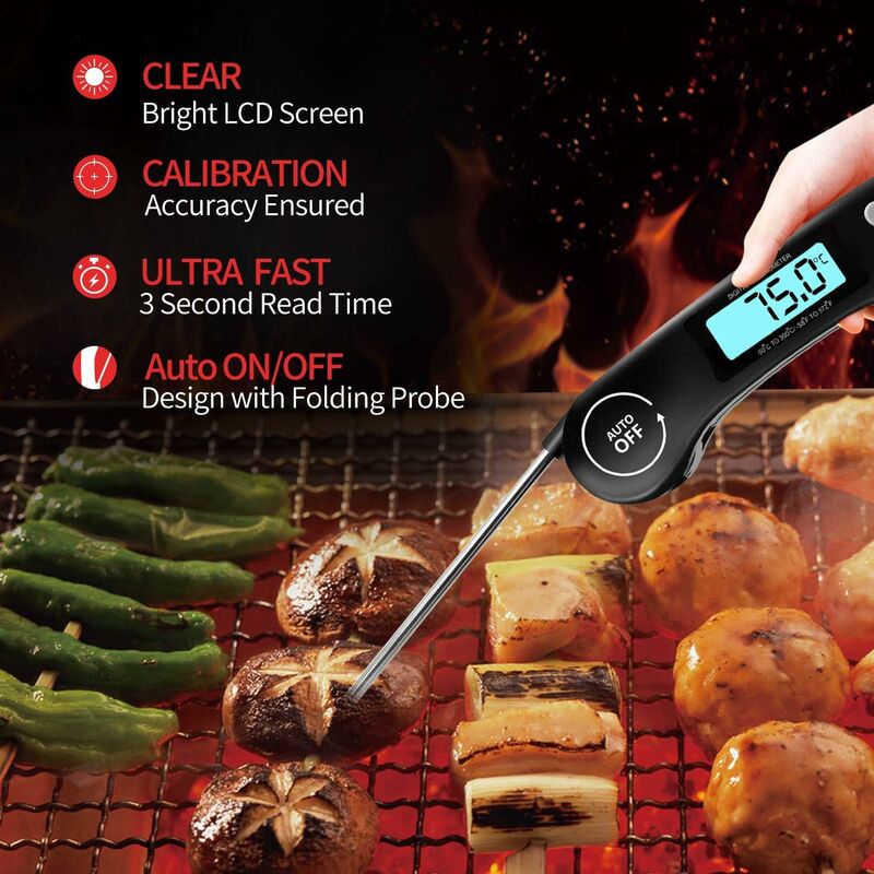 Küchenthermometer, 3s sofort ablesbares Kochthermometer,  Fleischthermometer, mit hintergrundbeleuchtetem LCD-Display, faltbare Sonde  zum Kochen, Fleisch, BBQ, Steak, Öl, Milch, Wein (Schwarz)