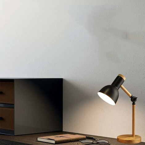 Schreibtischlampe für Moderne Nachttischlampe Tischleselampen Schwarz Industrieleuchte E27 Arbeitszimmer, LED Wohnzimmer Holzlampe Schlafzimmer verstellbare Tischlampe Dekoration