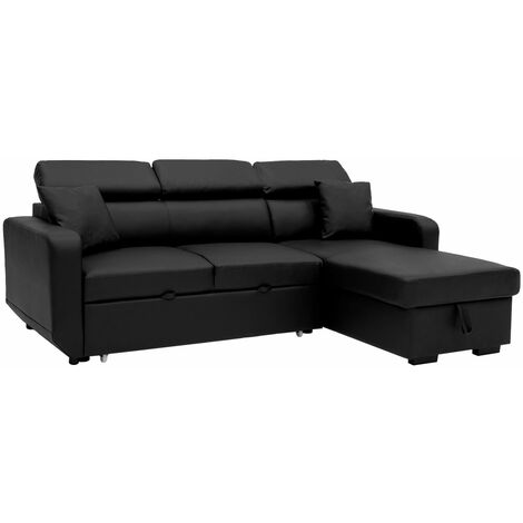 Divano letto angolare WARREN a 3 posti in similpelle nera