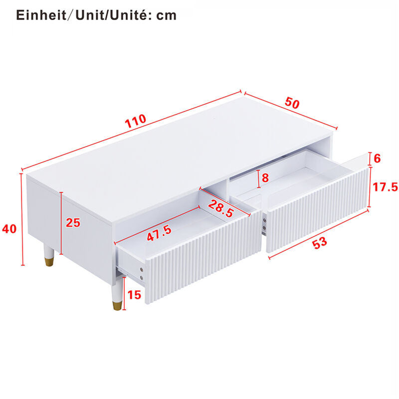Ensemble de meubles de salon, avec rangement, meuble TV 4 tiroirs + table basse 2 tiroirs avec éclairage LED, MDF, blanc