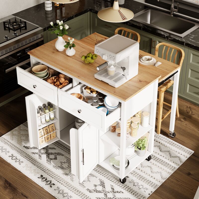 Îlot De Cuisine Multifonction - Chariot Avec Plateau Pliable, 2 Tiroirs, 4 Portes, Roulettes, Noir - 140x70x93,5 Cm