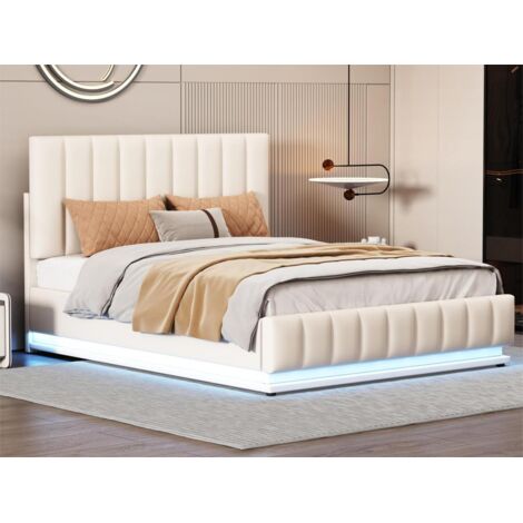 Modernluxe – Lit coffre similicuir avec LED – Tête de lit réglable – Sommier à lattes – 140x200cm – Espace de rangement hydraulique – Blanc (1/5)