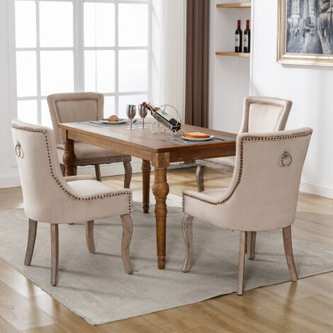 Lot de 4 chaises en velours - avec pieds en bois massif - beige (1/5)