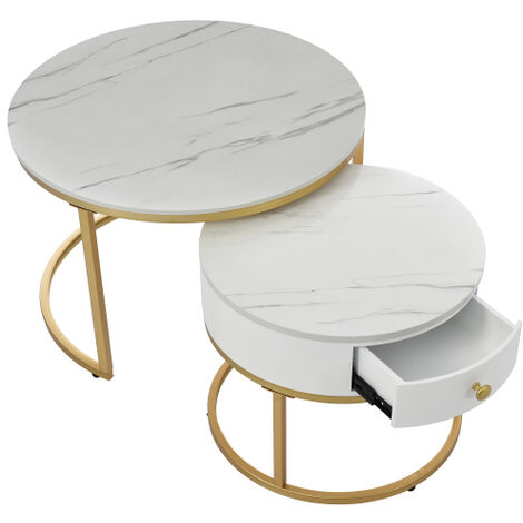 Lot de 2 tables gigognes avec tiroir - motif marbre - aspect brillant - blanc