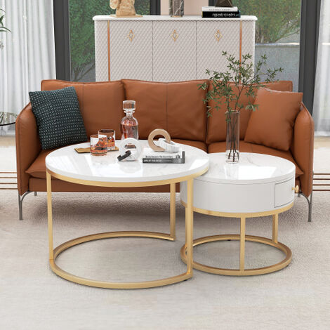 Lot de 2 tables gigognes avec tiroir - motif marbre - aspect brillant - blanc