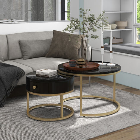 Lot de 2 tables gigognes avec tiroir - motif marbre - aspect brillant - noir