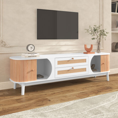Meuble TV 170cm en bois massif et rotin - 2 tiroirs et 2 portes - style campagnard - naturel (1/4)