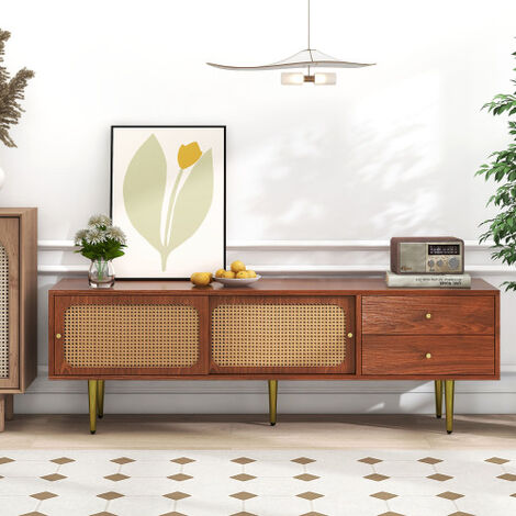 Modernluxe – Meuble TV 160 cm en MDF et rotin PE – 2 portes coulissantes – 2 tiroirs utilitaires – Étagère amovible – Pieds en bois massif doré (1/5)