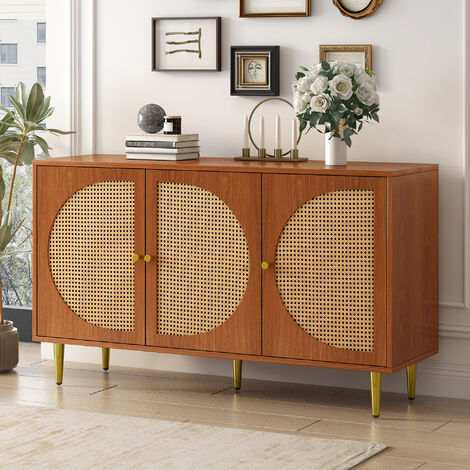 Modernluxe – Buffet en rotin marron – 3 portes, 6 étagères – Pieds métalliques de 15 cm – Espace de rangement spacieux – Assemblage facile (1/6)