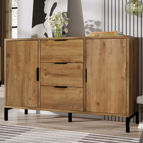 Modernluxe – Commode en bois naturel avec 2 portes et 3 tiroirs – Étagères réglables – Design industriel en chêne et métal noir – Capacité 50 kg