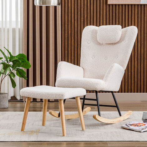 Fauteuil à bascule, chaise de relaxation pour salon, rembourrée de peluche Teddy, avec appui-tête et repose-pieds, base en bois, blanc (1/5)