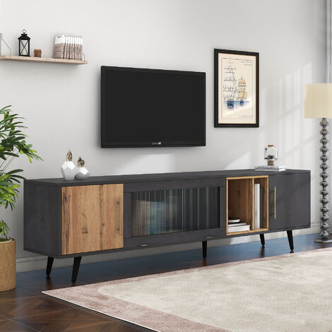 Modernluxe – Meuble TV 200cm – adapté pour TV 90" – espace de rangement avec 2 portes vitrées – MDF gris – dimensions 200x40x55,5cm (1/4)