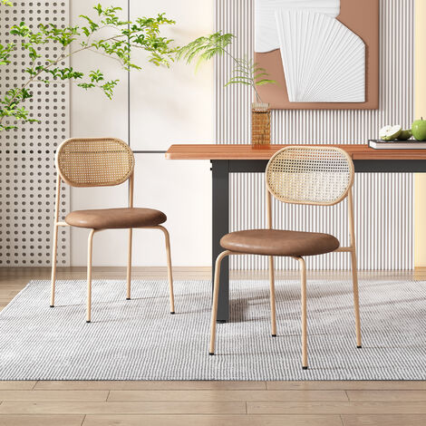 Modernluxe – Lot de 2 chaises en métal avec dossier en rotin et coussin PU marron – Confort ergonomique – Stabilité renforcée pour salle à manger