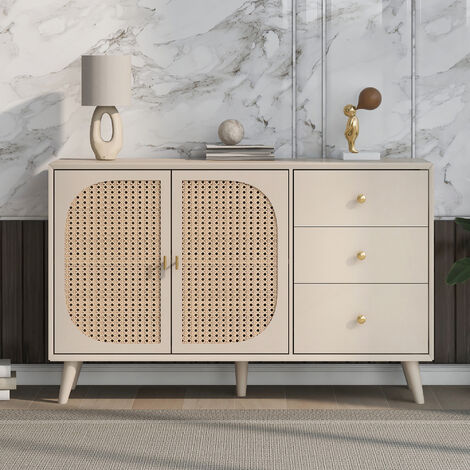 Modernluxe – Buffet bas 120x40x82,5 cm avec 2 portes en rotin et 3 tiroirs – Panneaux de particules certifiés E1 – Design élégant pour salon ou bureau
