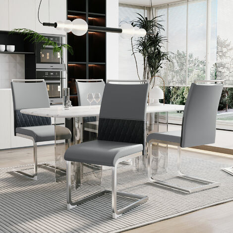 Lot de 4 chaises de salle à manger - dossier en similicuir et lin - gris (1/5)