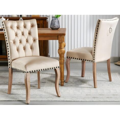 Lot de 2 chaises capitonné en velours - cadre en bois massif - Beige (1/5)