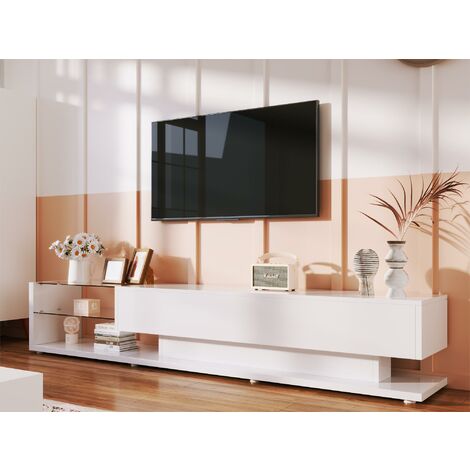 Meuble TV 170cm avec LED et cloison vitrée - 2 tiroirs - Blanc (1/5)