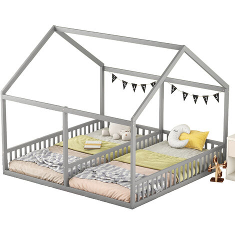 Modernluxe – Lit cabane en bois de pin 90x200cm – Avec toit et sommier à lattes – Barrières anti-chute pour sécurité enfants – Gris (1/5)